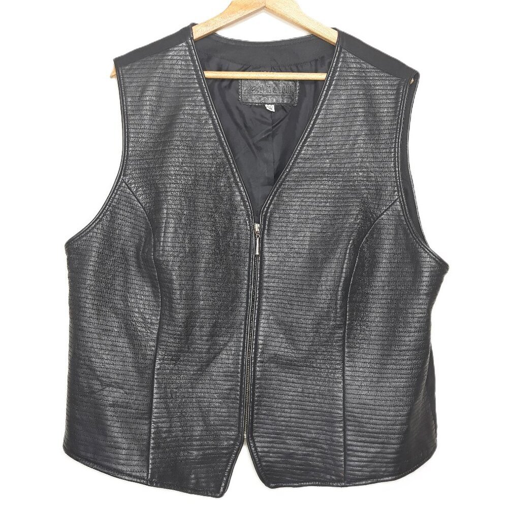 Preston & York Black Lambskin Leather Front Stitched V-Neck Vest 2X Biker Punk
